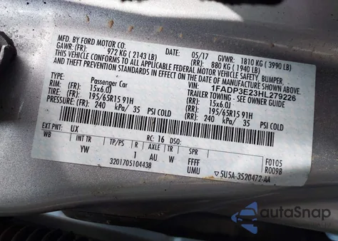 2017 Ford Focus S из США, поврежденный, VIN 1FADP3E23HL279226